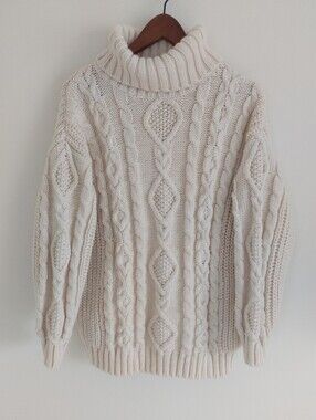 MONKI Chunky Cable Knit Turtleneck Sweater Cream Diamond Pullover Small